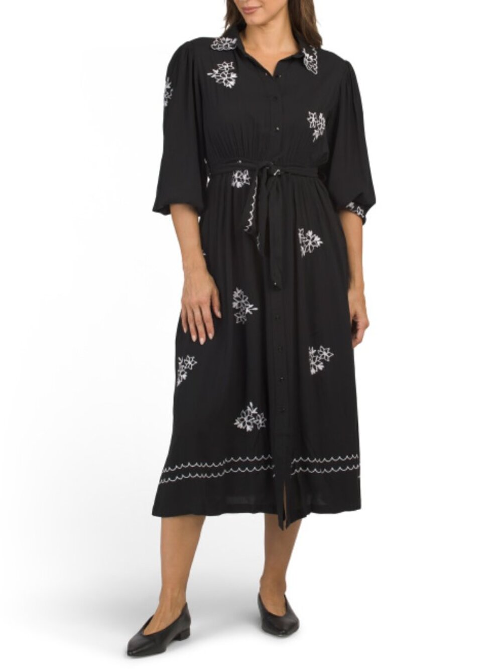 LEA Long Sleeve Floral Embroidered Maxi Shirt Dress